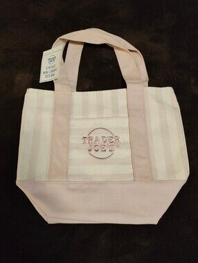 Limited Edition Trader Joe's Mini Embroidered Striped Pastel Pink Canvas Bag